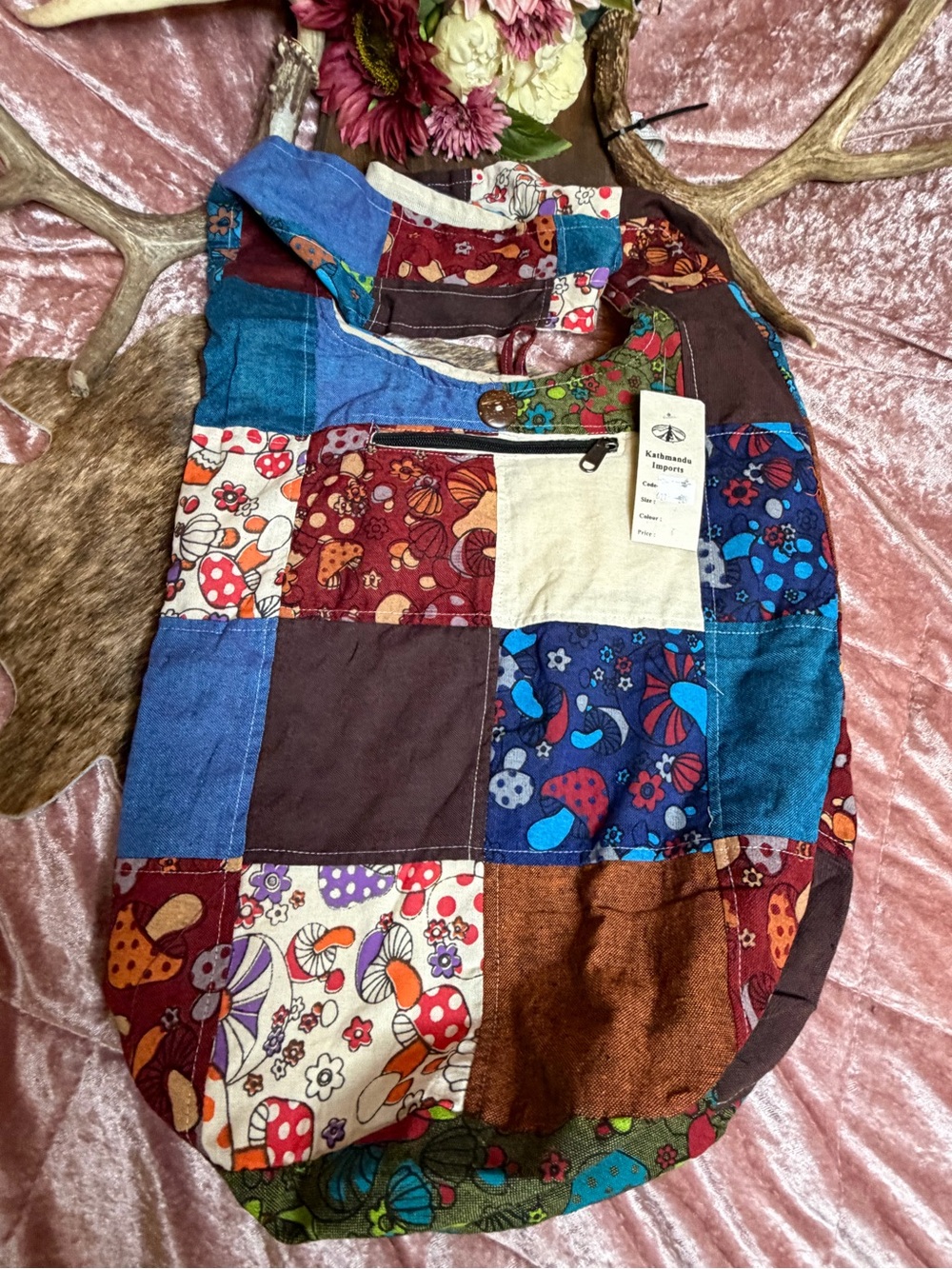 Kathmandu Imports Handmade Patchwork Mushroom Boho Shoulder Bag NWT
